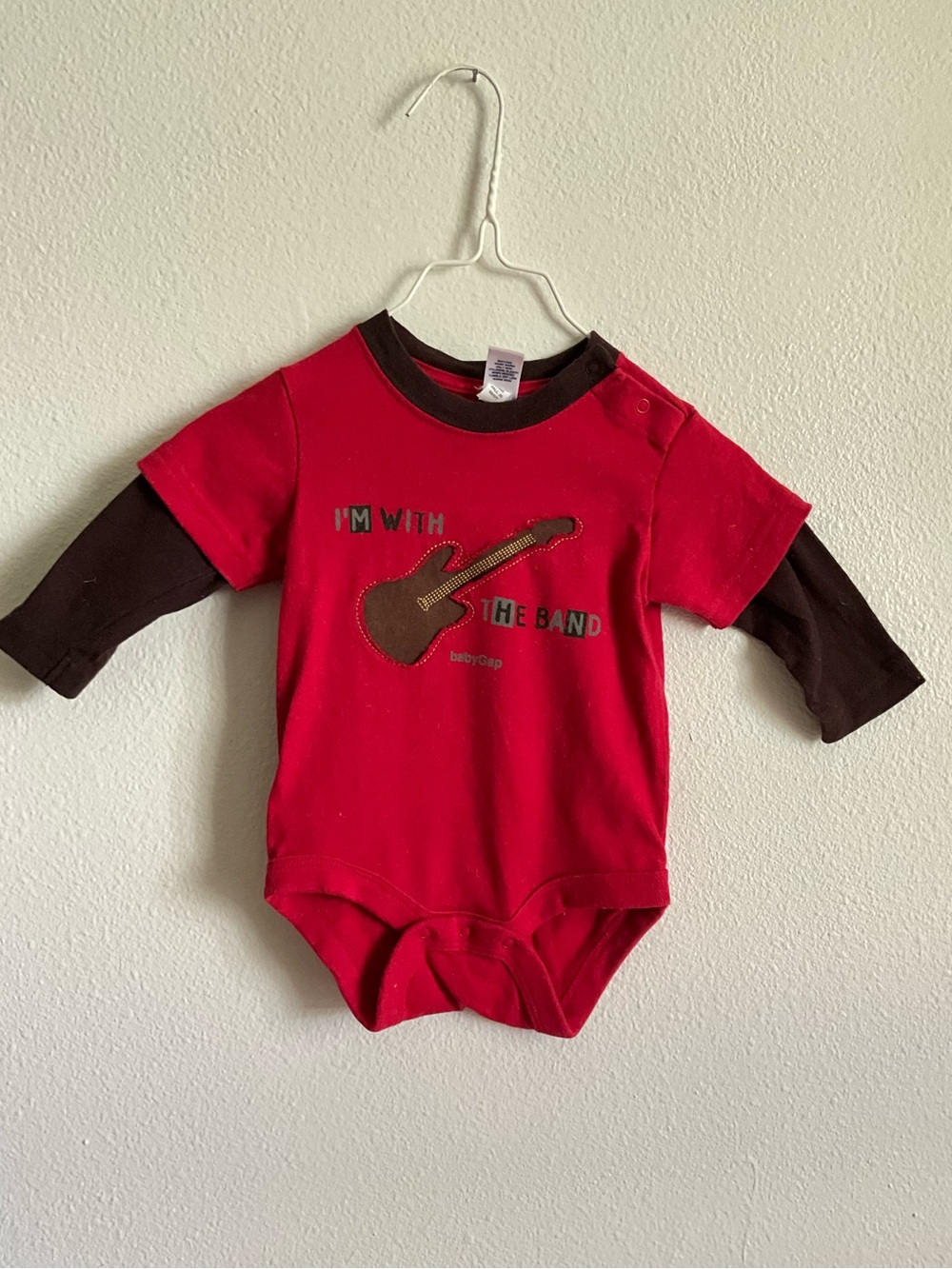 Vintage 2005 GAP Red Bodysuit with Brown Trim and Guitar Appliqué 0-3